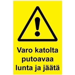 Varo katolta putoavaa lunta ja jäätä kyltti