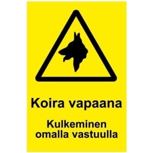 Koira vapaana Kulkeminen omalla vastuulla kyltti