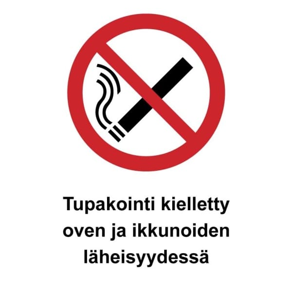 Tupakointi kielletty oven ja ikkunoiden läheisyydessä kyltti