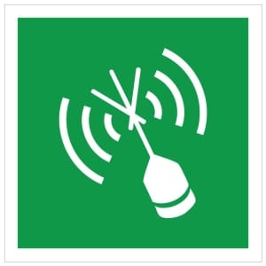 Hätäasennon osoittava radiomajakka IMO jälkivalaiseva kyltti