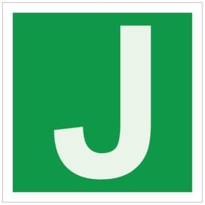 Kirjain J jälkivalaiseva kyltti