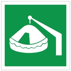 Laukaistava pelastuslautta IMO jälkivalaiseva kyltti