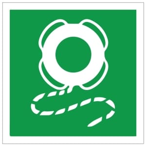 Pelastusrengas köydellä IMO jälkivalaiseva kyltti