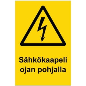 Sähkökaapeli ojan pohjalla sähköalan kilpi