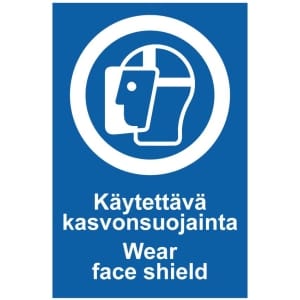 Käytettävä kasvonsuojainta Face shield kyltti