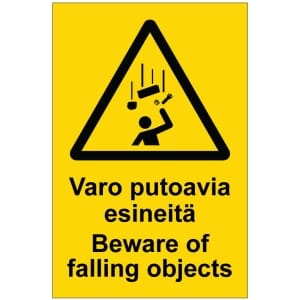 Varo putoavia esineitä Beware of falling objects kyltti