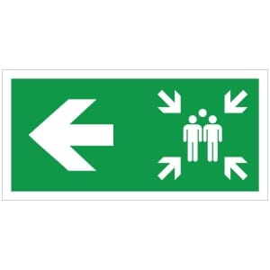 Kokoontumispaikka vasen jälkivalaiseva poistumistieopaste