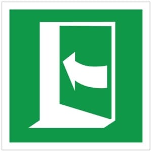 Ovi aukeaa vasemmalta jälkivalaiseva poistumistieopaste